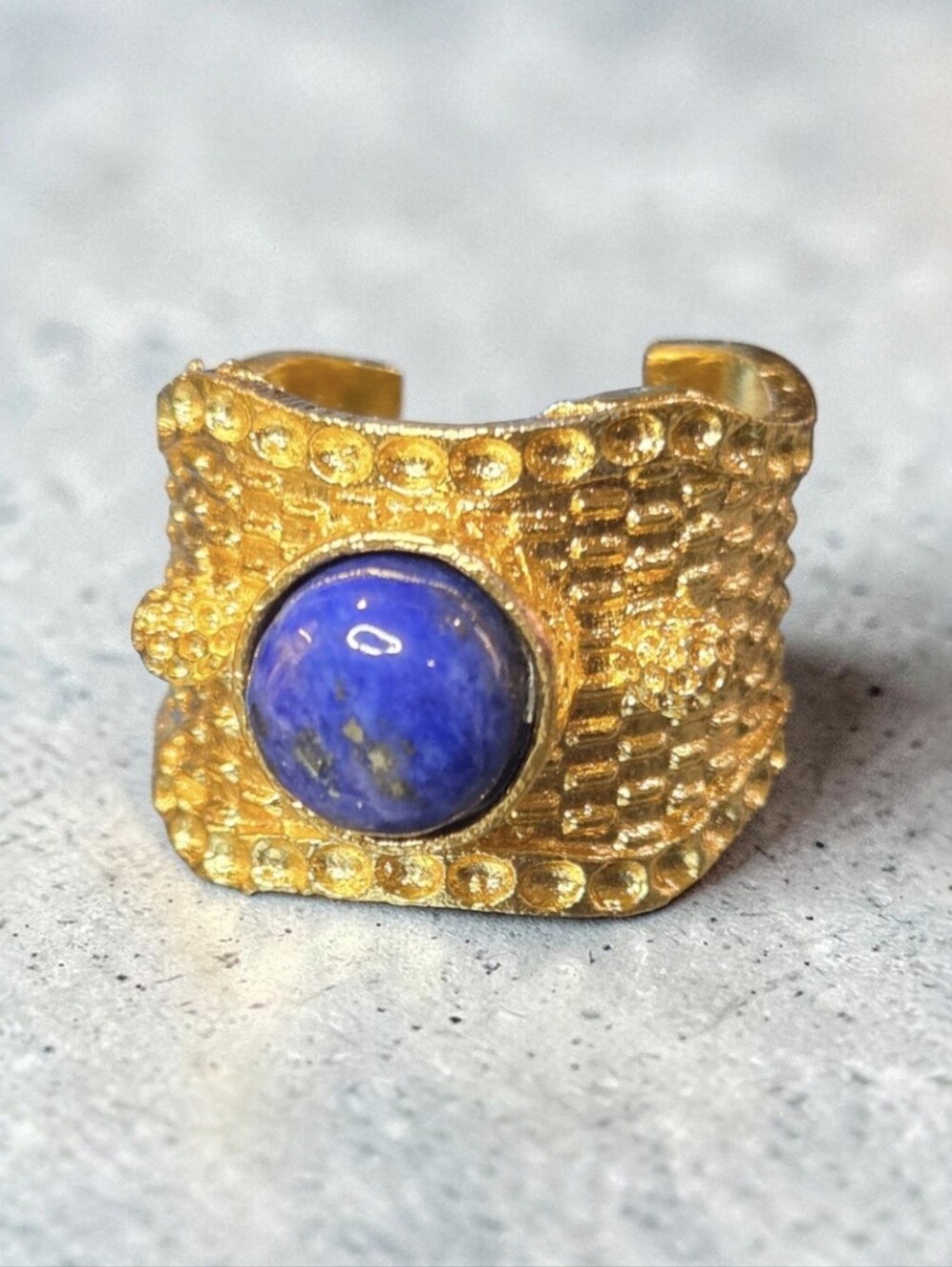 18k Gold Plated Woven Chunky Genuine Lapis Lazuli Stone Byzantine Ring